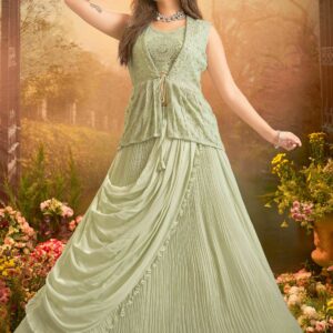 Lehenga: Mint Embroidered with Bustier & Embroidered Peplum Jacket
