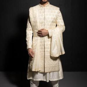 Sherwani: Ivory with Pale Gold Embroidery with Shawl & Cummerbund Belt & Ivory Angrakha Kurta