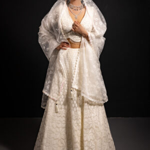 Lehenga: White Organza with Embroidery & Embellished Blouse with Embroidered Organza Dupatta