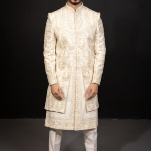 Sherwani: Ivory with Two Panel Tailoring & Gold Embroidery with Stonework