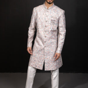 Sherwani: Light Grey with Pastel Multicolour Embroidery