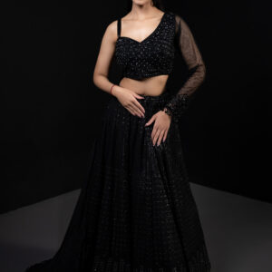 Lehenga: Black with Monochromatic Embellishments & One Shoulder Full Sleeve Blouse