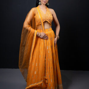 Lehenga: Mango Hues with Gold Embellishing & Bustier with Dupatta