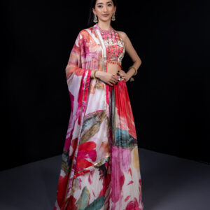Lehenga: White with Abstract Multicolour Floral Motifs with Embellished Blouse & Dupatta