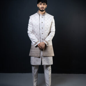Sherwani: Muted Lilac Indo-western with Multicoloured Ethnic Embroidered Sleeveless Open-Jacket