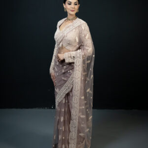Sari: Nude with Pearl Hue Embroidery & Embellishing with Pearl Embellished Stitched Blouse