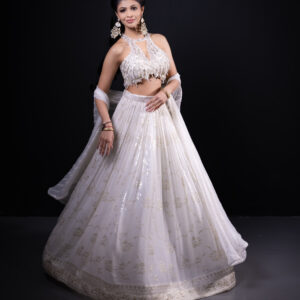 Lehenga: White Sequin with Embellished Bustier & Embroidered Cape