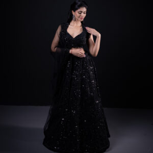 Lehenga: Black Monochromatic & Bustier with Dupatta