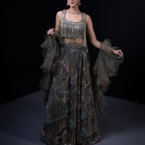 Lehenga: Olive with Rose & Blue Embellishing & Embellished Blouse with Frill Dupatta