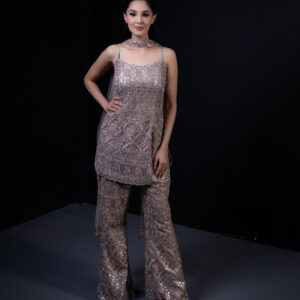Pret: Tan Embroidered Sleeveless Kurta with Tailored Palazzo & Dupatta