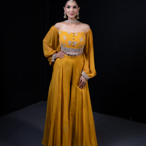 Pret: Mustard Palazzo with Off-shoulder Bell Sleeve Bustier with hints of lilac & Choker Dupatta