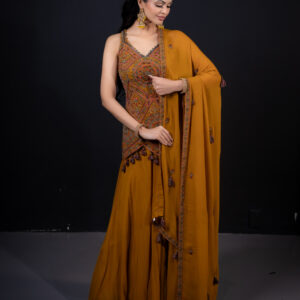 Pret: Mustard with Multicoloured Embroidered Kurta with Palazzo & Dupatta