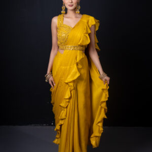 Pret: Pre-draped Yellow Sari with Embellished Bustier with Belt