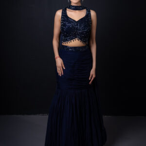 Lehenga: Navy Draped Fish-cut with Embellished Bustier & Choker Dupatta