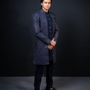 Sherwani: Navy Blue Indo-western with Embroidered Open Jacket