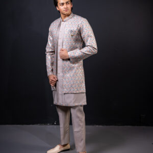 Sherwani: Muted Lilac Indo-western with Multicoloured Ethnic Embroidered Open-Jacket