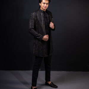 Sherwani: Black with Gold Indo-western with Open-Jacket