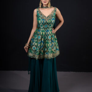 Pret: Peacock Banarasi Hued Peplum & Bottle Green Palazzo with Choker Dupatta