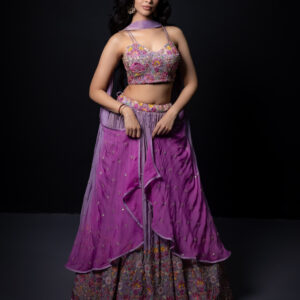Lehenga: Amethyst with Multicolour Florals with Ombre Choker Dupatta
