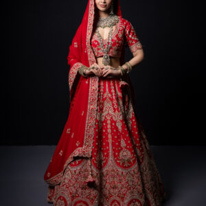 Heritage Luxe: Crimson with Multi-shade floral Embroidery & Gold Traditional Embellishings with Solid Dupatta