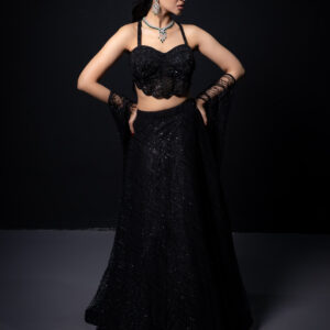 Lehenga: Black Monochromatic & Corset Bustier with Triangular Stole-Dupatta
