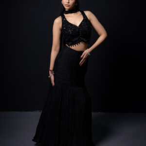 Lehenga: Black Draped Fish-cut with Embellished Bustier & Choker Dupatta
