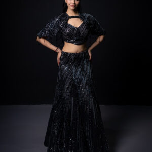 Lehenga: Black Fish-cut with Multi-tone Metallic Embellishings with Busiter & Attached Sleeve