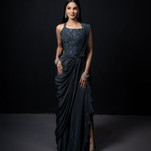 Pret: Coal Grey Abstract Sari-inspired Drape Skirt with Slit & Attached Drape & Embellished Corset