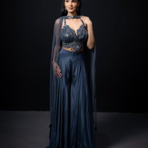Pret: Embellished Steel-blue Bustier with Palazzo & Choker Dupatta