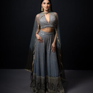 Pret: Cool Grey Embellished Sharara with Bustier & Choker Dupatta