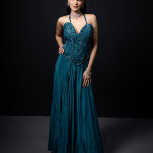 Pret: Teal Embellished Corset Bustier & Flare Palazzo