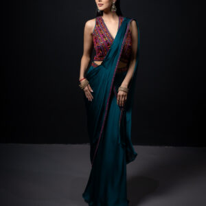 Pret: Teal Embroidered & Embellished Mirror-work Blouse & Pre-draped Sari