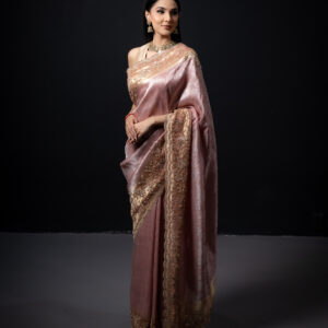 Silk: Soft Pink Silk with Embellishing Gold Borders with Indian Motifs