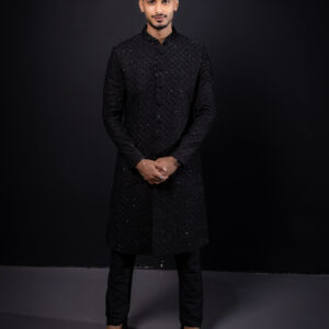 Sherwani: Black with Monochromatic Embellishments