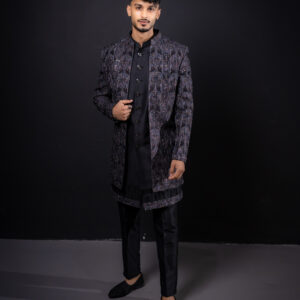 Sherwani: Black Indo-western with a Rajasthan Inspired Lilac Threadwork Embroidered Open-Jacket