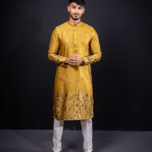 Kurta: Mustard Silk with Gold & Green Pichwai Art Detailing