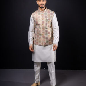 Kurta: Cool White with Multicolour Silk Bandi (Waistcoat)