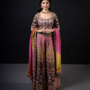 Pret: Multicolour Ethnic Pattern-work Full sleeve Bustier, Palazzo & Ombre Dupatta