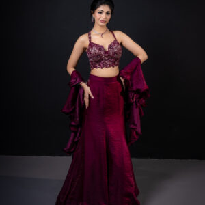 Lehenga: Wine Mermaid Cut with Monochromatic Embellished Bustier & Frill Dupatta
