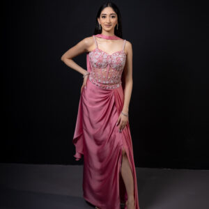 Pret: Sweet Pink Embellished Corset & Drape Skirt with Slit Detailing