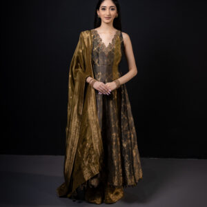 Pret: Coal & Gold Silk Anarkali with Emebellished Neckline & Flare Palazzo with Tissue Dupatta