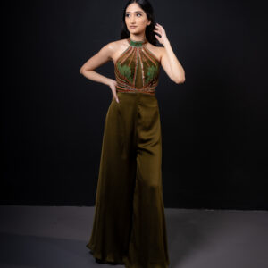 Pret: Olive Tailored Jumpsuit with Embroidered Halter Bustier