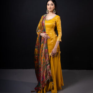 Pret: Yellow Kurti-Palazzo with Woven Silk Dupatta with Mughal Art
