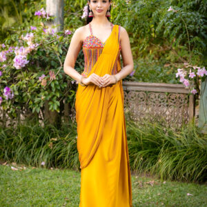 Pret: Sunshine Yellow Pre-draped Sari with Multicoloured Full-length Corset