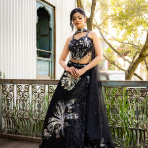 Lehenga: Black Sequin Embellished with Silver Detailing & Bustier with Choker Dupatta