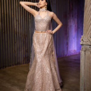 Lehenga: Champagne Sequin with Embellished Corset & Choker Dupatta