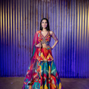 Lehenga: Abstract Art Jewel-Tone with Embellished Bustier & Dupatta