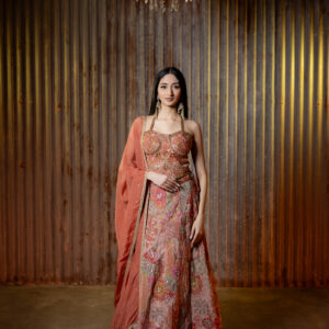 Lehenga: Terracotta Embellished with Multicolour Florals & Corset Blouse & Dupatta
