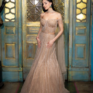 Lehenga: Light Gold Embellished Mermaid Cut with Sculpted Corset Bustier & Choker Dupatta