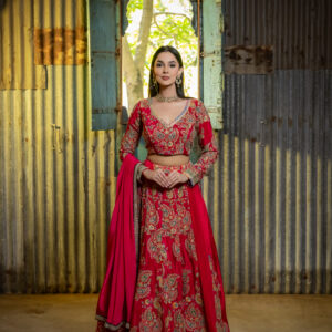 Lehenga: Crimson Floral with Embellished Blouse & Dupatta